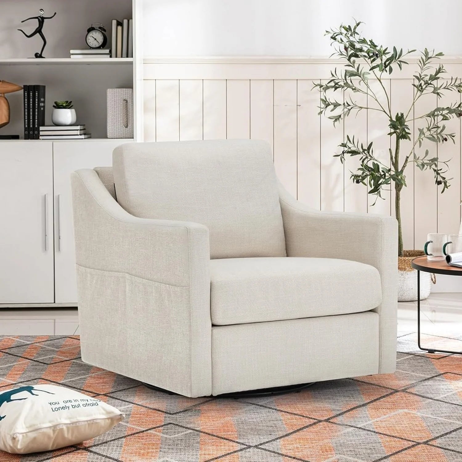 AECOJOY Swivel Armchair, Fabric Accent Chair Nursery Rocking Chairs, 360° Rotating Metal Base for Living Room, Bedroom