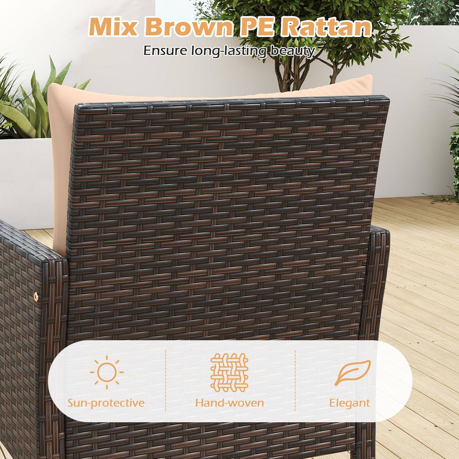 Tangkula 3 Piece Patio Bistro Set Rattan Wicker Outdoor Conversation Set with Cushions and Coffee Table