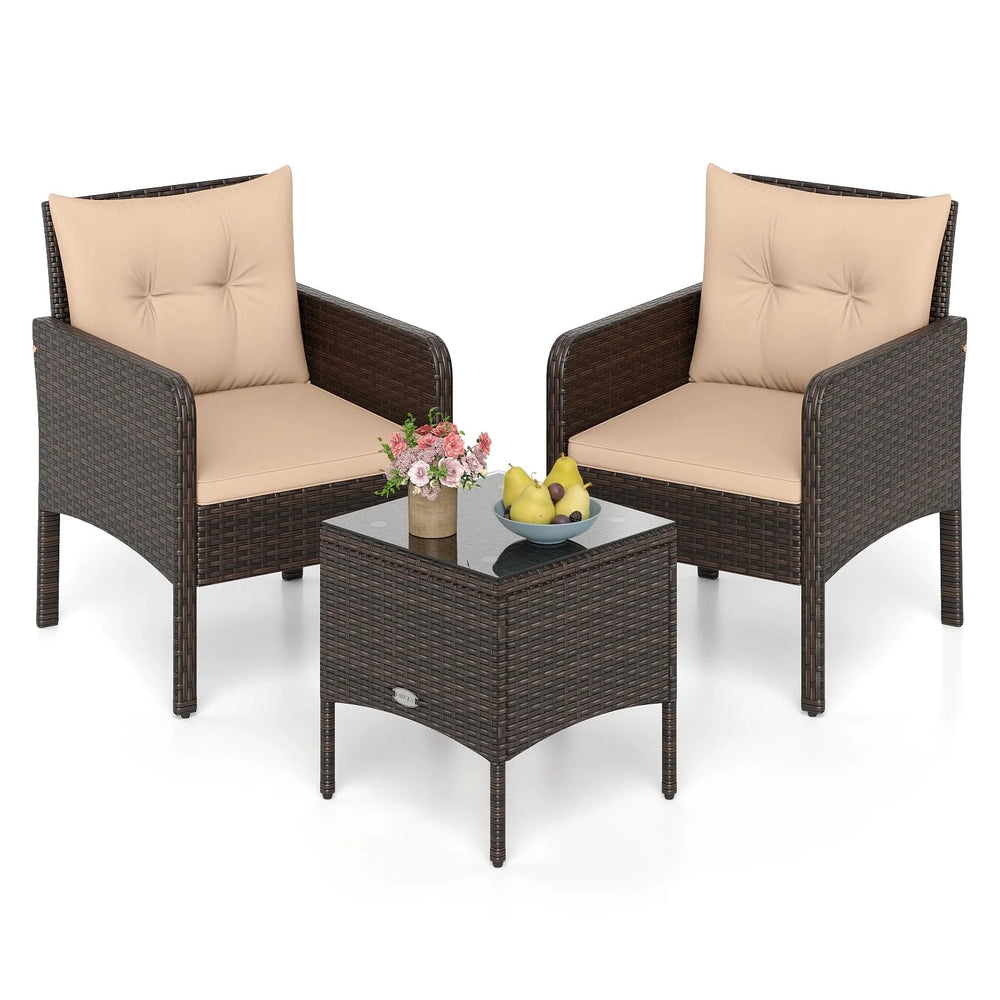 Tangkula 3 Piece Patio Bistro Set Rattan Wicker Outdoor Conversation Set with Cushions and Coffee Table