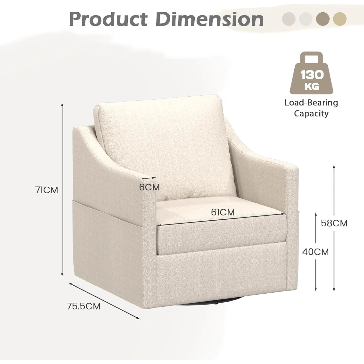 AECOJOY Swivel Armchair, Fabric Accent Chair Nursery Rocking Chairs, 360° Rotating Metal Base for Living Room, Bedroom
