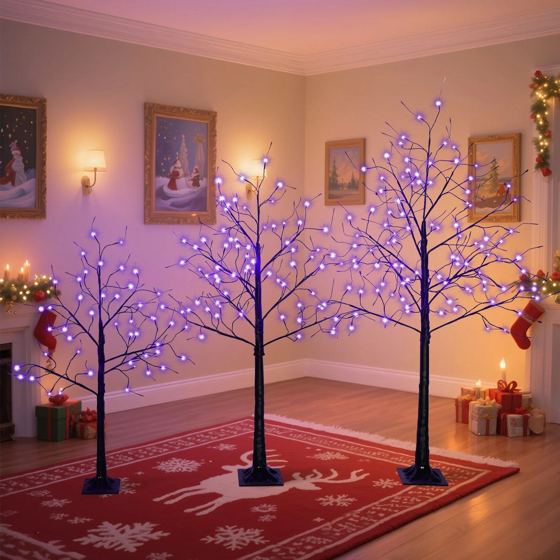 AECOJOY 3 Pac Christmas Tree with Purple Lights, 4FT 5FT and 6FT, Lighted Black Tree for Halloween Decoration