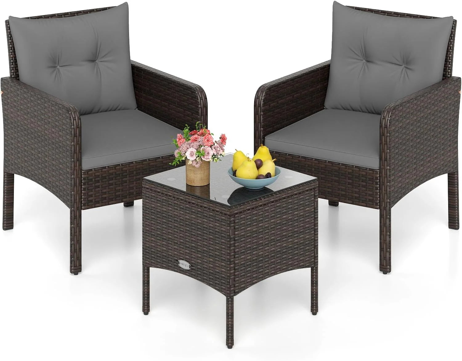 Tangkula 3 Piece Patio Bistro Set Rattan Wicker Outdoor Conversation Set with Cushions and Coffee Table