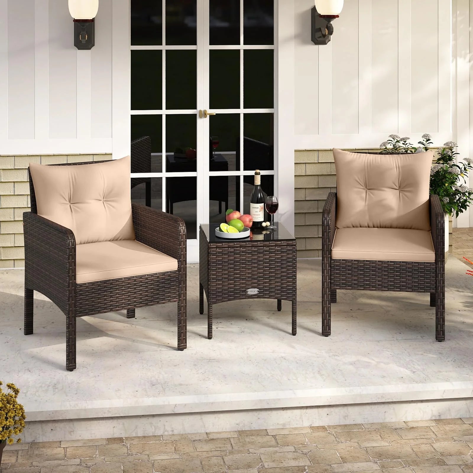 Tangkula 3 Piece Patio Bistro Set Rattan Wicker Outdoor Conversation Set with Cushions and Coffee Table