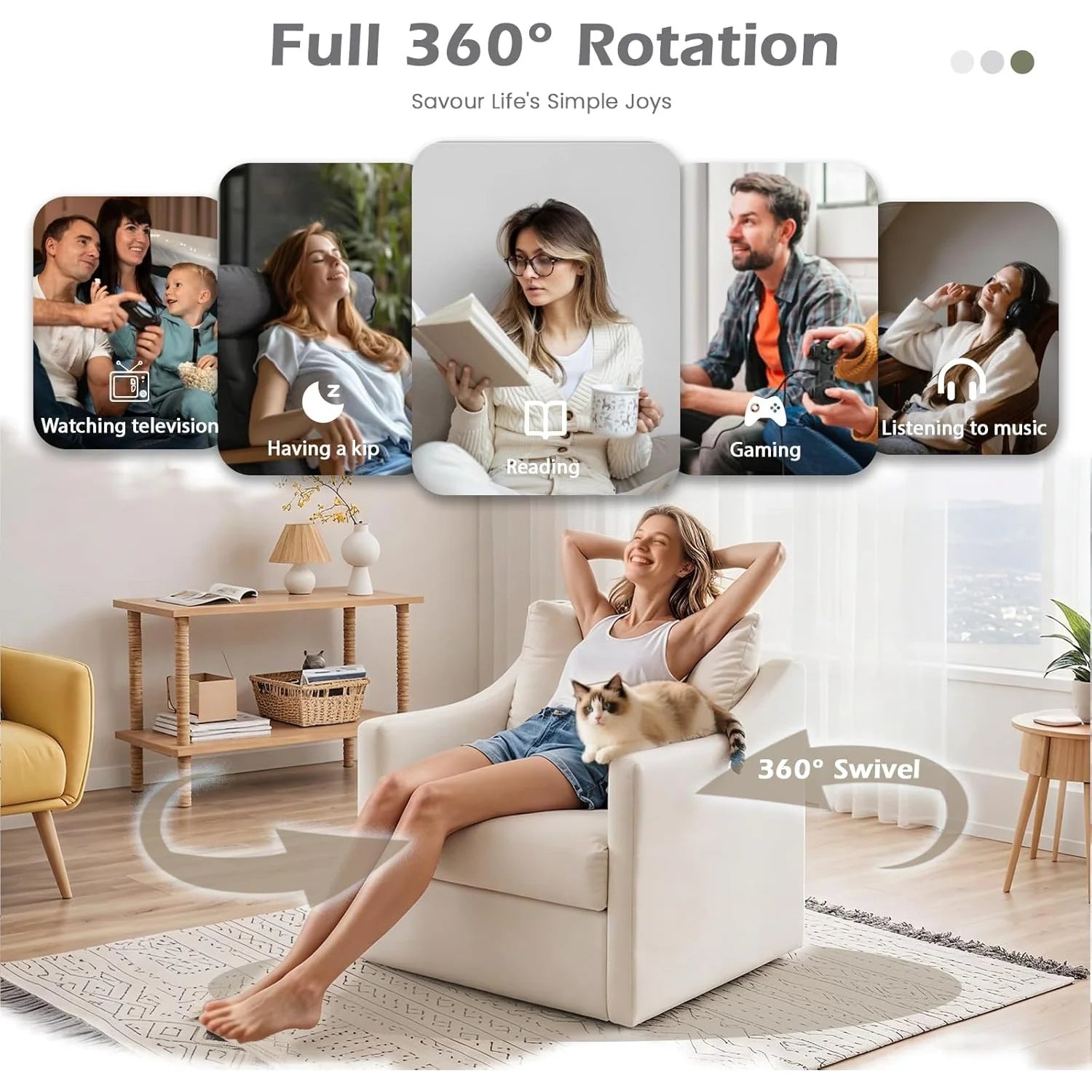 AECOJOY Swivel Armchair, Fabric Accent Chair Nursery Rocking Chairs, 360° Rotating Metal Base for Living Room, Bedroom