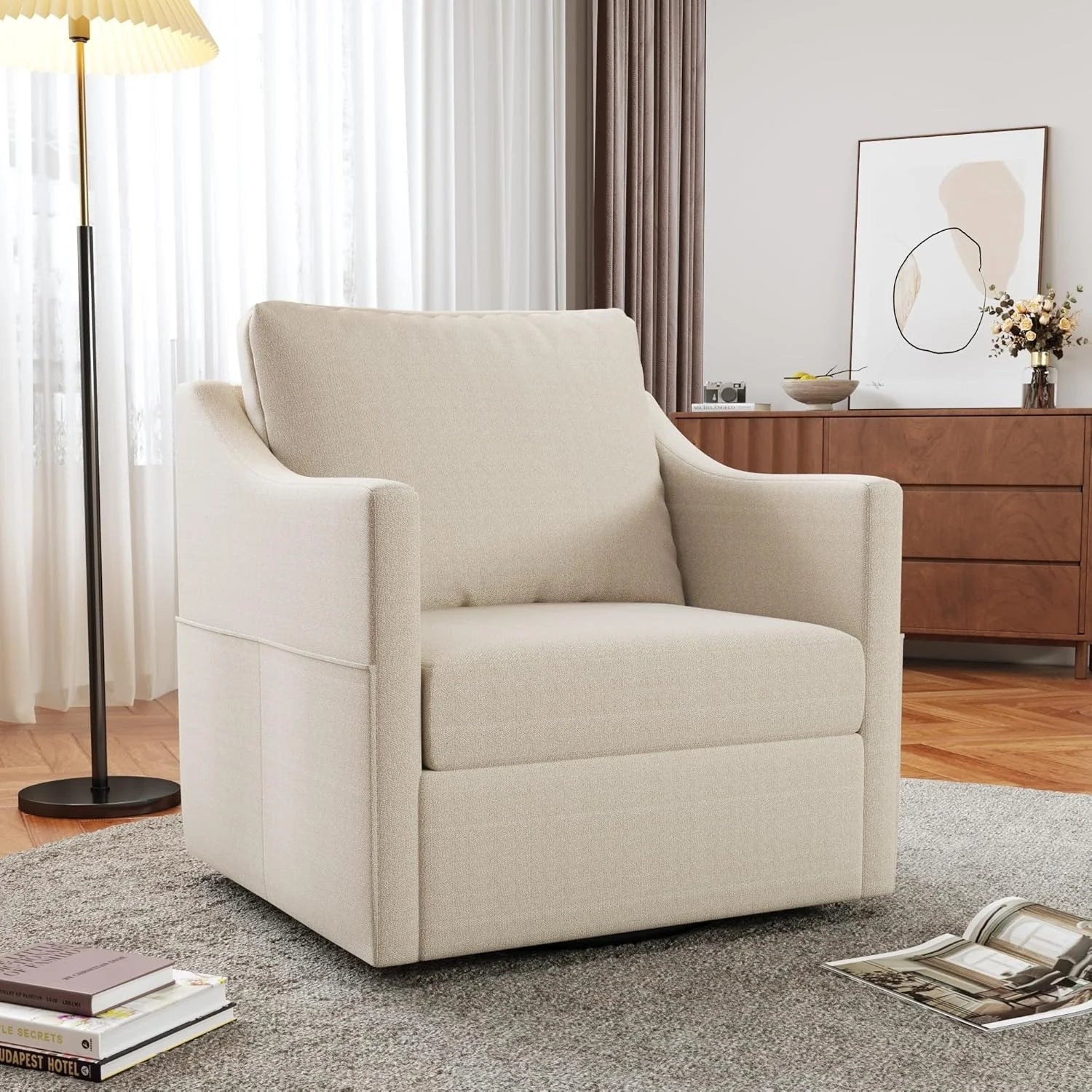 AECOJOY Swivel Armchair, Fabric Accent Chair Nursery Rocking Chairs, 360° Rotating Metal Base for Living Room, Bedroom