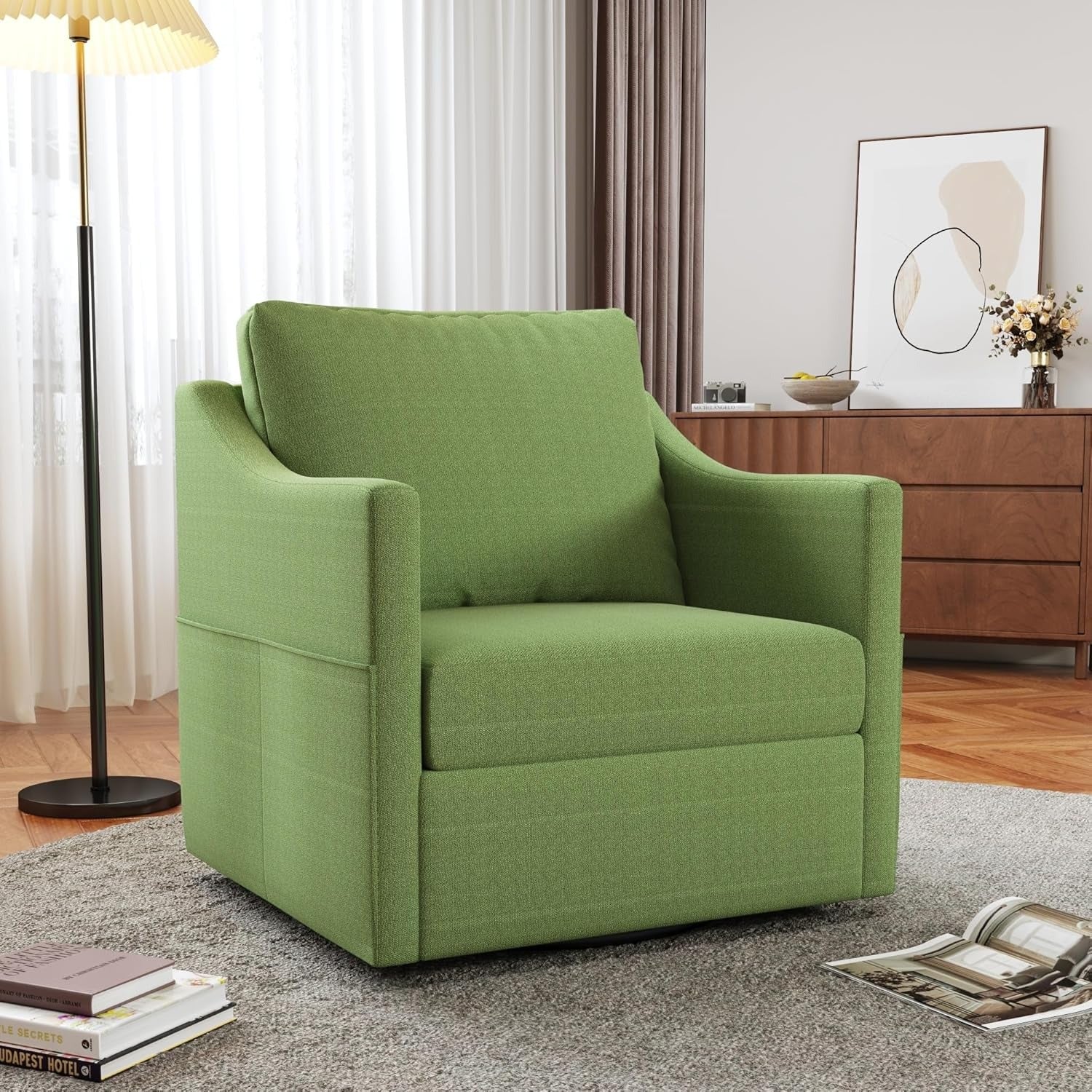 AECOJOY Swivel Armchair, Fabric Accent Chair Nursery Rocking Chairs, 360° Rotating Metal Base for Living Room, Bedroom