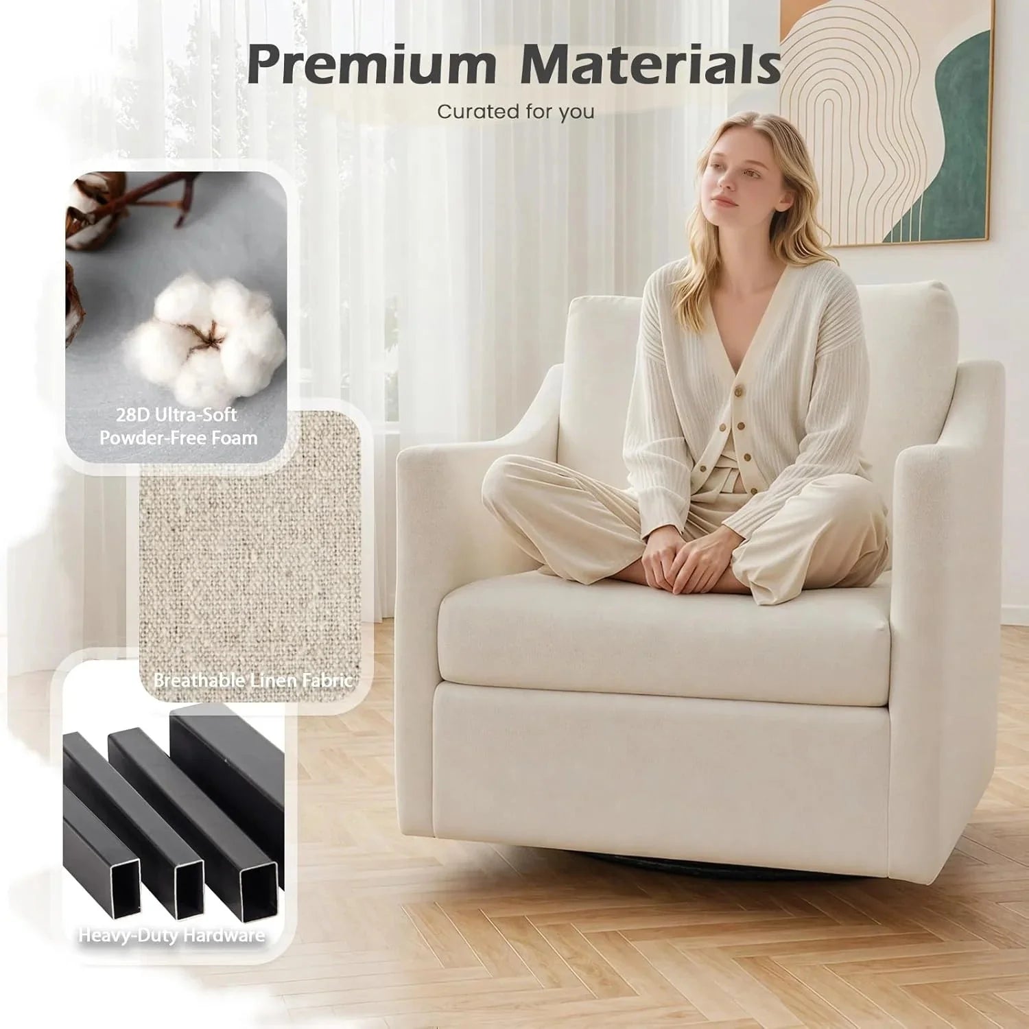 AECOJOY Swivel Armchair, Fabric Accent Chair Nursery Rocking Chairs, 360° Rotating Metal Base for Living Room, Bedroom