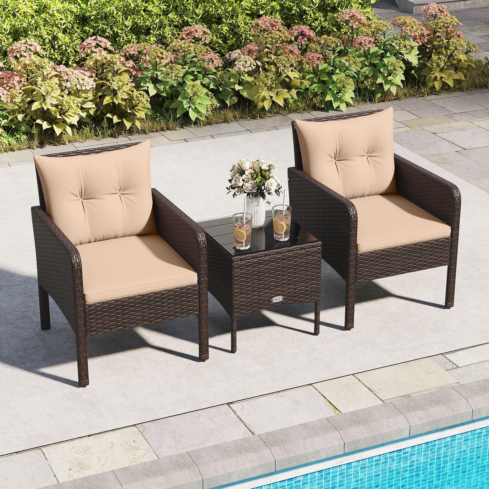 Tangkula 3 Piece Patio Bistro Set Rattan Wicker Outdoor Conversation Set with Cushions and Coffee Table